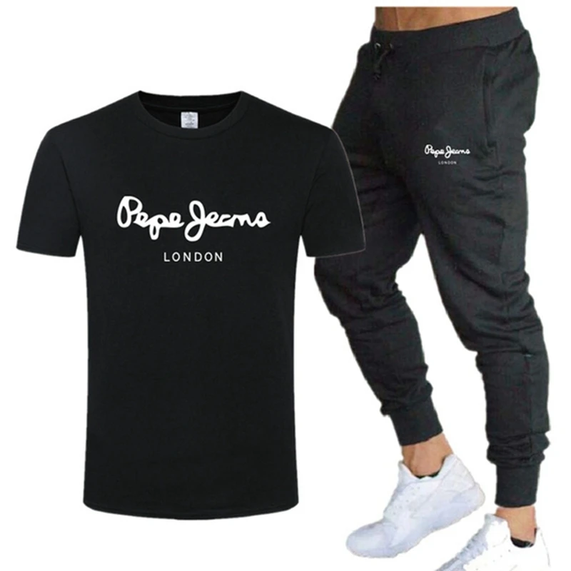 

Men's Summer Black Printed sportswear suit short sleeve T-shirt + shorts new fashion men's casual suit shorts + T-shirt 2 pieces