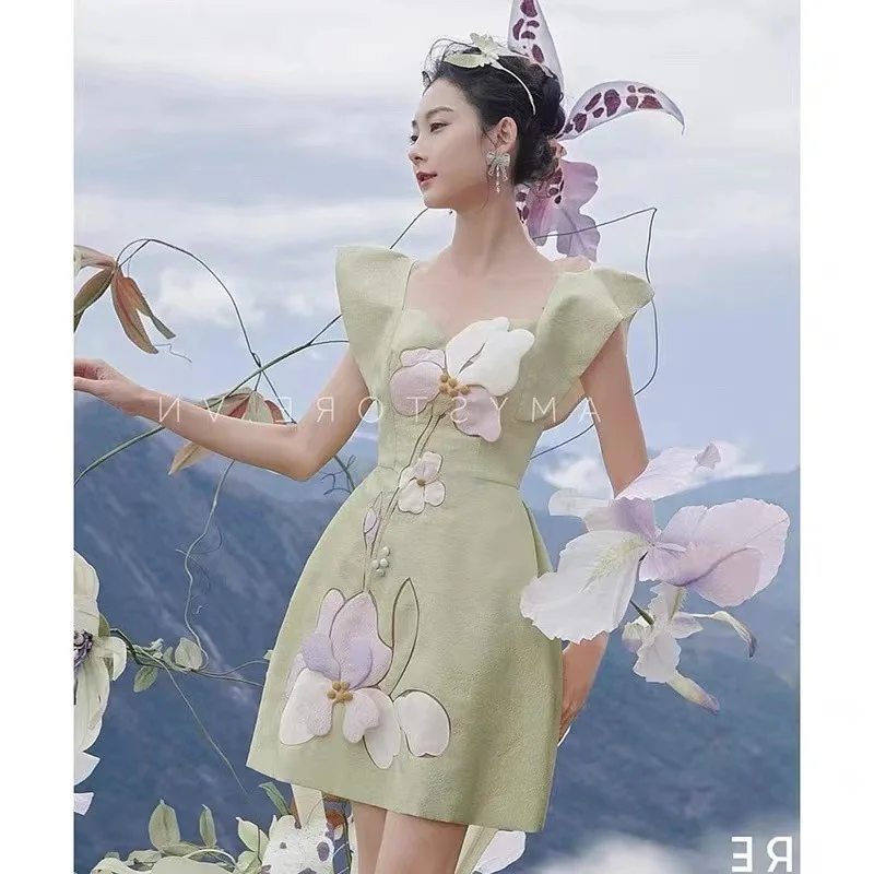 

Bride dresses wedding dress Summer Ruffles Jacquard Hollow Flounced Sleeve Short Evening Dress L0749