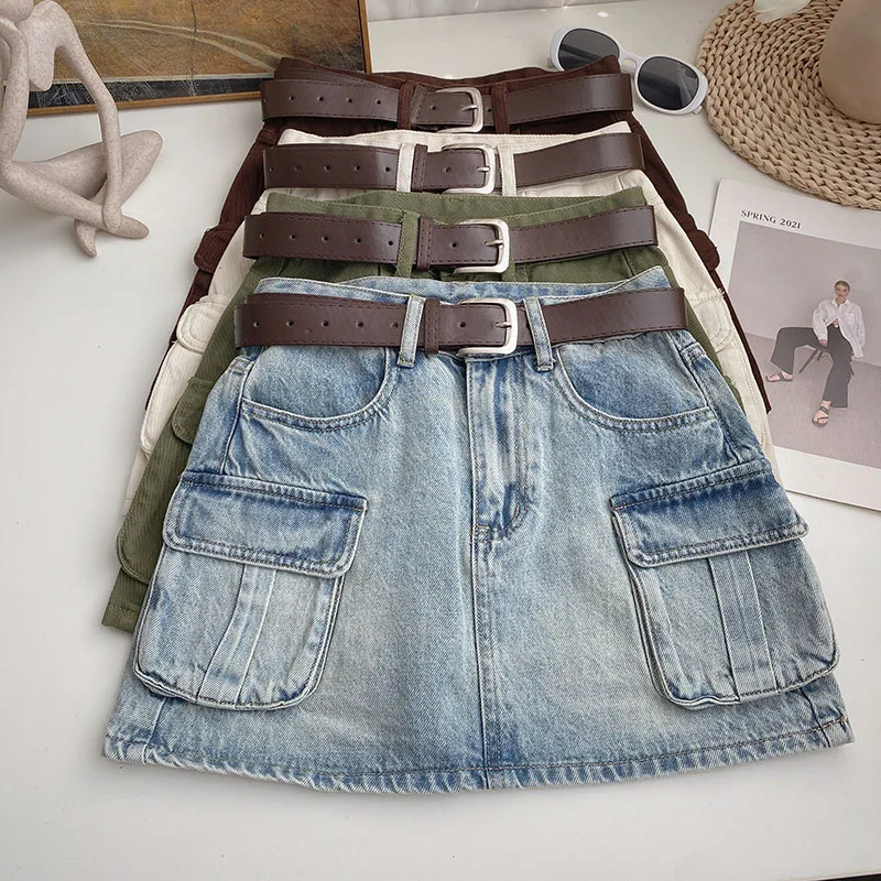 

Джинсовая юбка-карго y2k с двумя карманами, трапециевидная уличная одежда из денима, пикантная летняя универсальная юбка с поясом в Корейском стиле, Прямая поставка