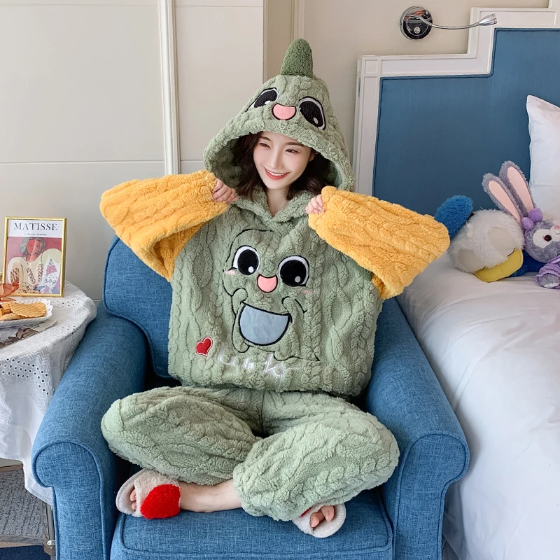 

Winter Thicken Pyjamas Sleepwear Women Pajamas Sets Cartoon Dinosaur Korean Pyjamas Women Homewear Soft Warm Pijama Hoodies
