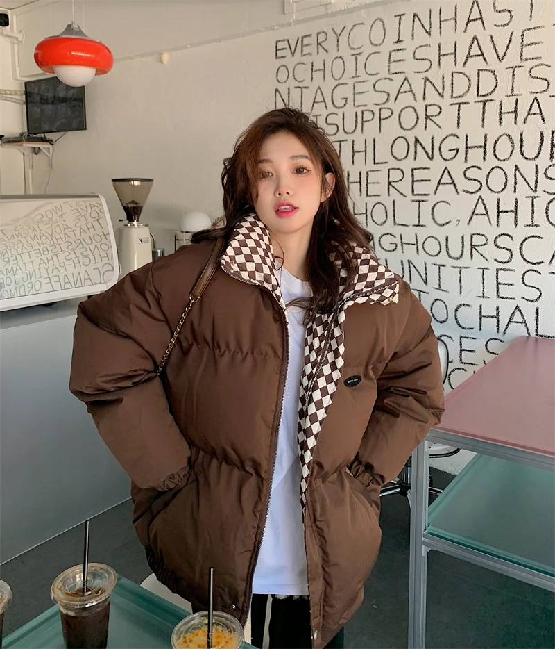 Winter Warm Parka Coat Women'S Retro Plaid Thick Jacket Casual Streetwear Zipper Stand Collar Fashion Cotton Jacket