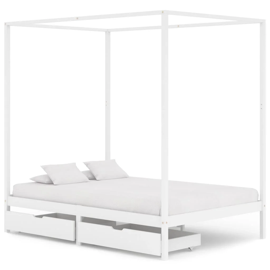 

Canopy Bed Frame with 2 Drawers, Solid Pine Wood Bed, Bedroom Furniture White 140x200cm