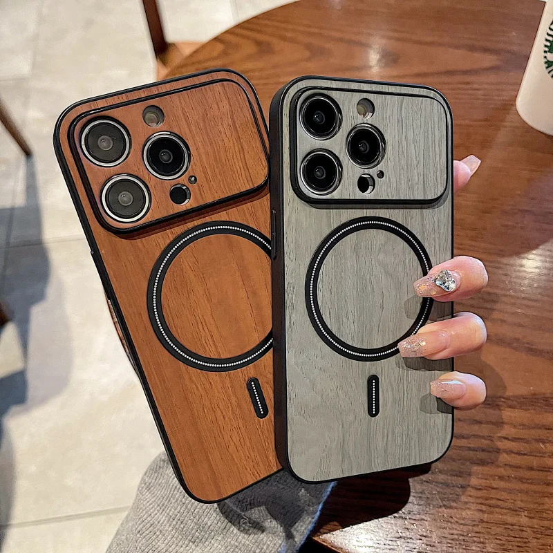 

Luxury Magnetic Wooden Grain Texture leather Phone Cases For iPhone 14 13 12 11 Pro Max Plus anti-skid Wireless Charging Cover
