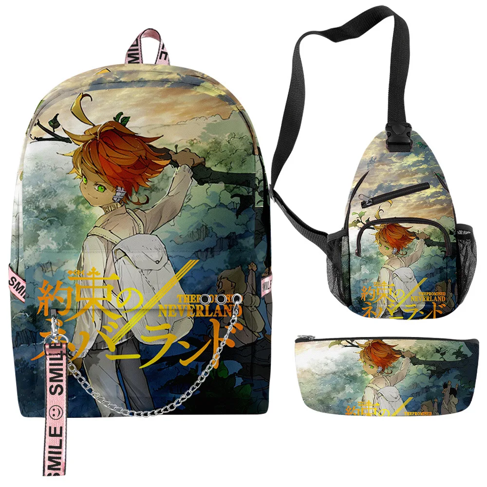 

Classic Anime The Promised Neverland 3D Print 3pcs/Set Student School Bags multifunction Travel Backpack Chest Bag Pencil Case