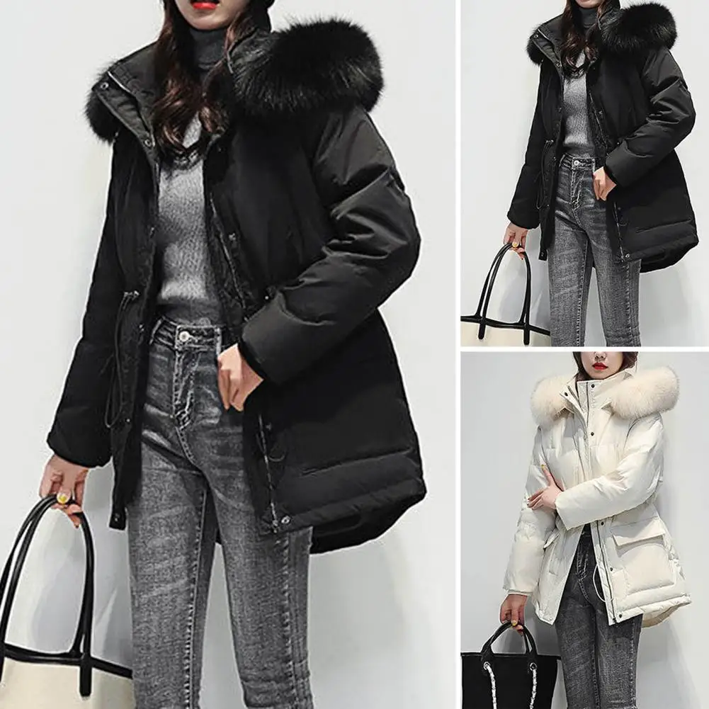 Winter Cotton Coat Padded Plush Furry Hat Hooded Long Style Cold-proof Solid Color Long Sleeves Lady Winter Coat for Outdoor