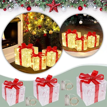 Christmas Glowing Gift Box Ornament With Bow Christmas Lighting Box Outdoor Lighting Christmas Party Desktop Decor New Year Gift 3