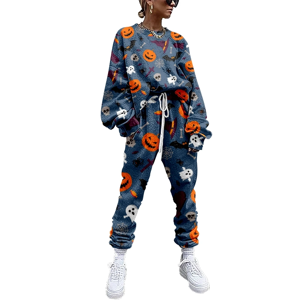 

Women's sportswear two piece set, pumpkin print funny Halloween sportswear casual sweater pants navy blue women's sportswear