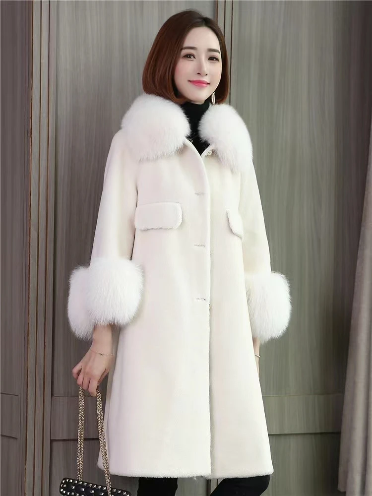

Natural Lamb Fur Coat Sheep Shearling Double-faced Fur Winter Coat Women Real Fox Fur Collar Long Jacket Warm Overcoat