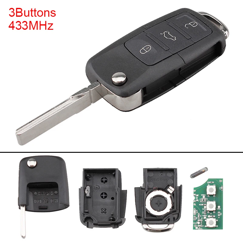 

434MHz 3 Buttons Keyless Uncut Flip Car Remote Key Fob with ID48 Chip 1K0959753G for Caddy/Eos/Golf/Jetta/Sirocco/Tiguan/Touran