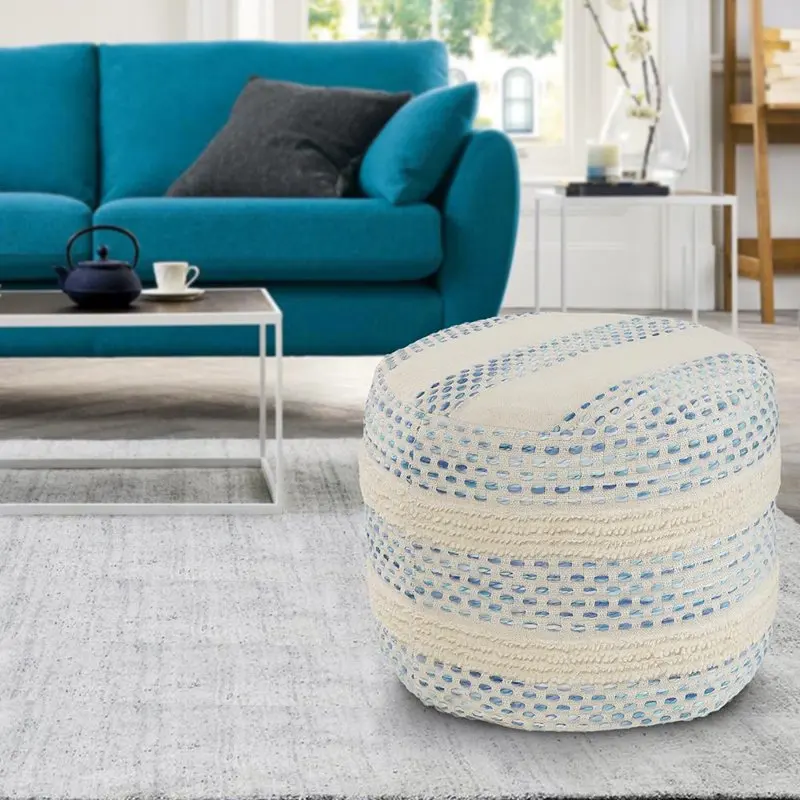 

Striped Hand-Woven Cotton Blend Ottoman Pouf, Blue & Cream, 18" x 18" x 14"