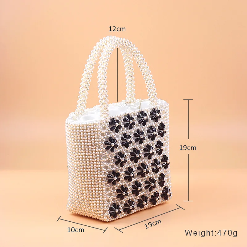 New pearl color transparent flower-shaped heavy industry large-capacity handbag hand-beaded highlight women |