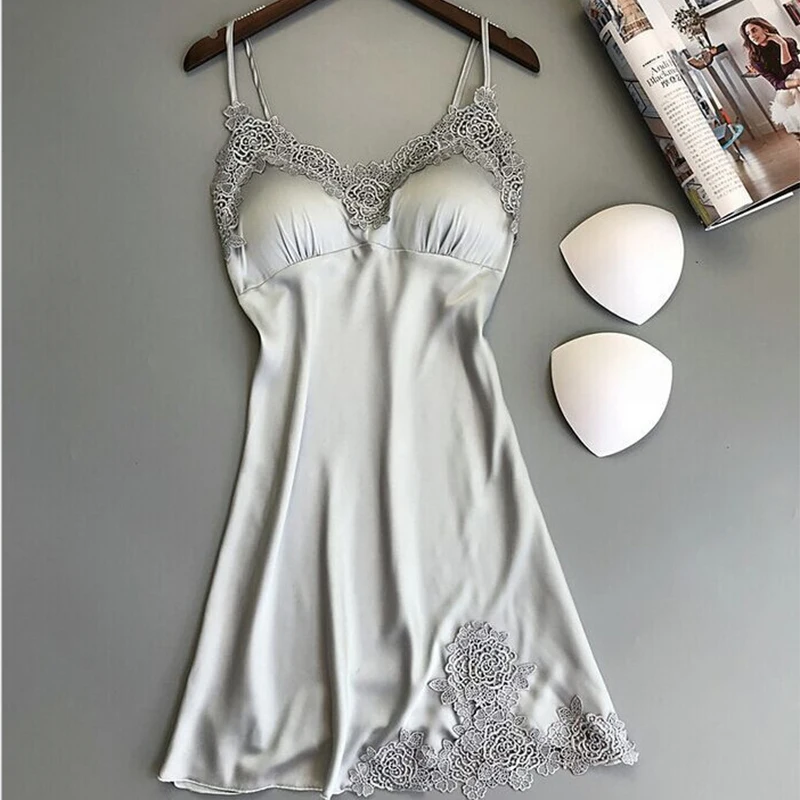 

Женская сексуальная шелковая атласная ночная рубашка без рукавов с вышивкой ночная рубашка с V-образным вырезом ночная рубашка кружевная пижама ночная одежда для женщин