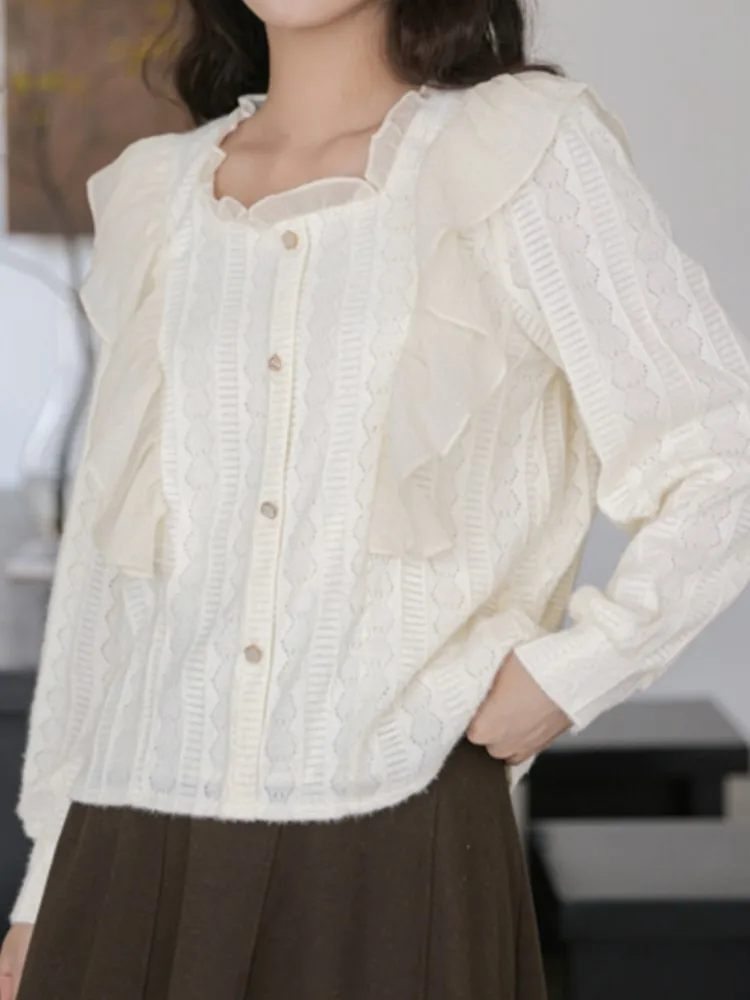 Осенние рубашки с оборками блузки корейские однотонные элегантные и молодежные