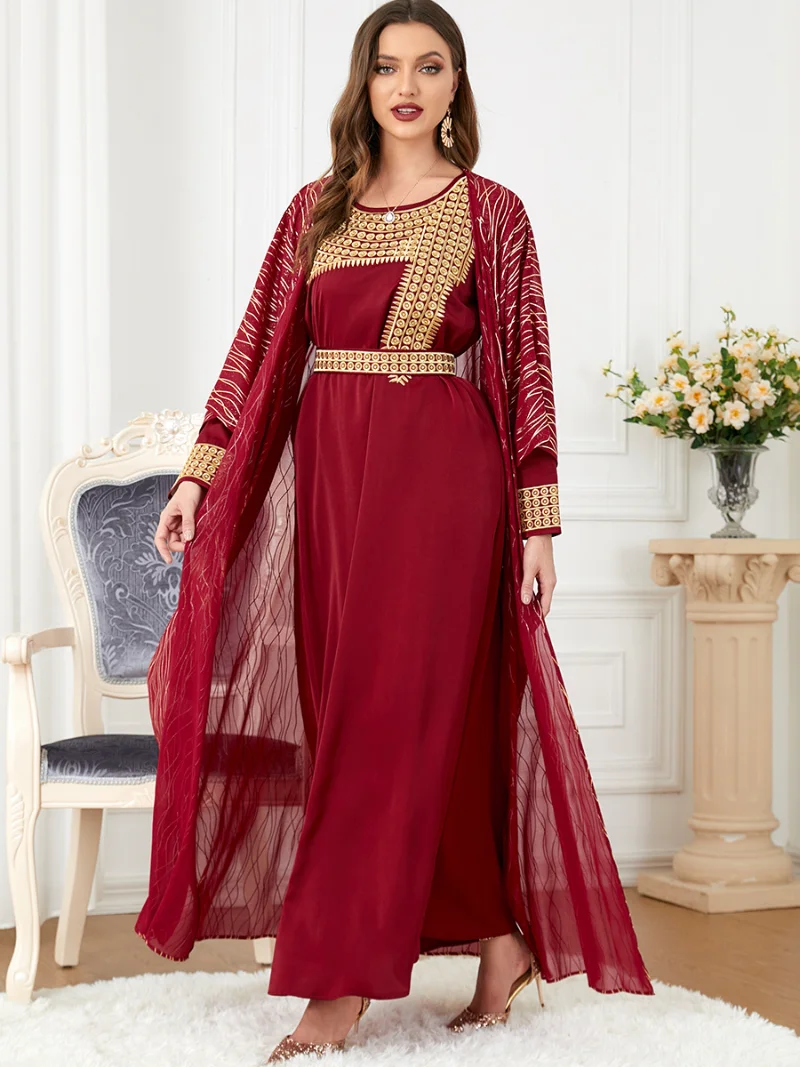 2023 Summer Autumn Muslim Women Long Sleeve O-neck Polyester Red Black Green 2 Pieces Set Dress Coat Matching Sets  Muslim Sets