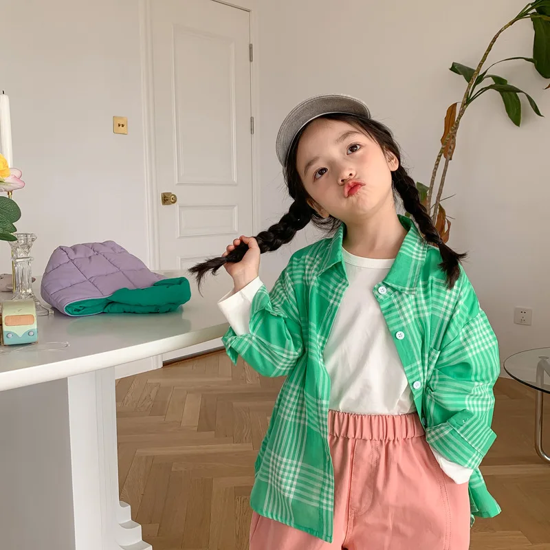 

Children's Shirt Spring Summer Casual Green Plaid Tops Toddler Boy Girl Long-sleeve Outerwear 2-10 Years Baby Kids Coat Clothes