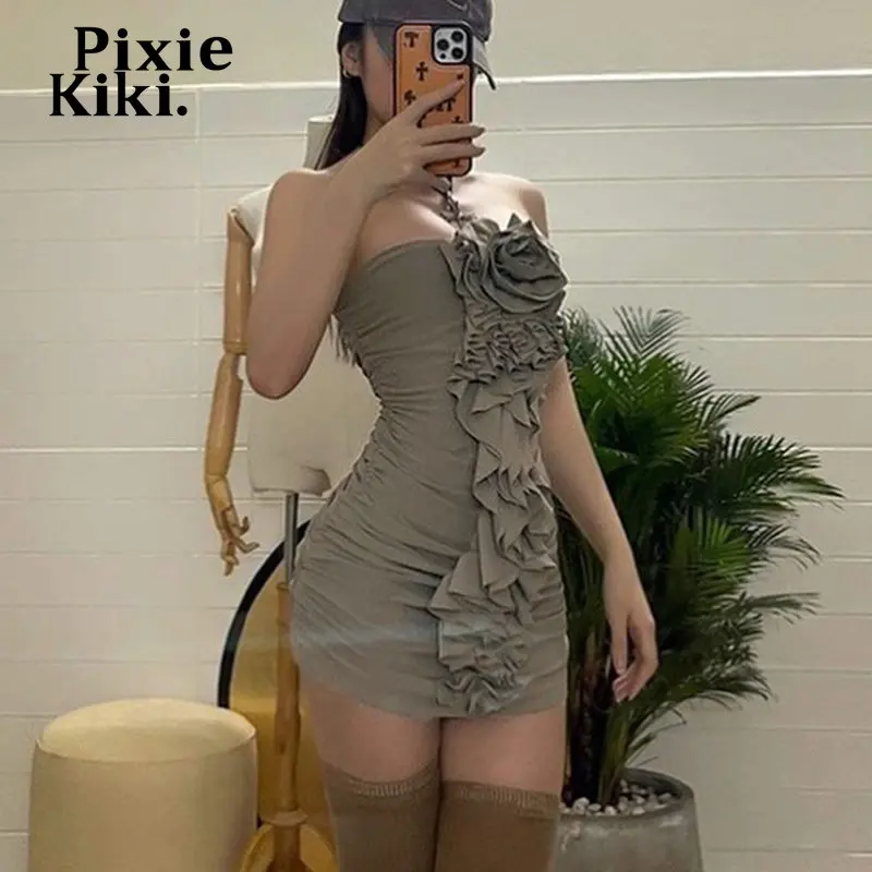 

PixieKiki Цветочная аппликация рюшами Короткие платья для женщин сексуальный ночной клуб наряды Y2k девушка без бретелек облегающее платье с рюшами P69DZ28