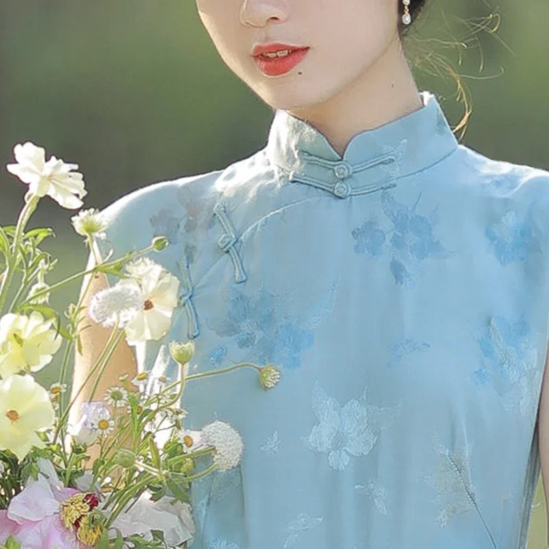 Платье-Ципао для китайской девушки голубое современное жаккардовое длинное