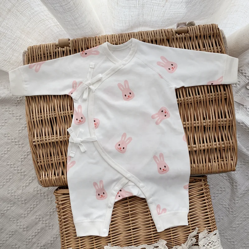 

Newborn Baby Crawler Suit Cotton Soft Diagonal Lace-up Four Seasons Long Sleeves Jumpsuit Long Pants Crawl Suit Cartoon Bunny