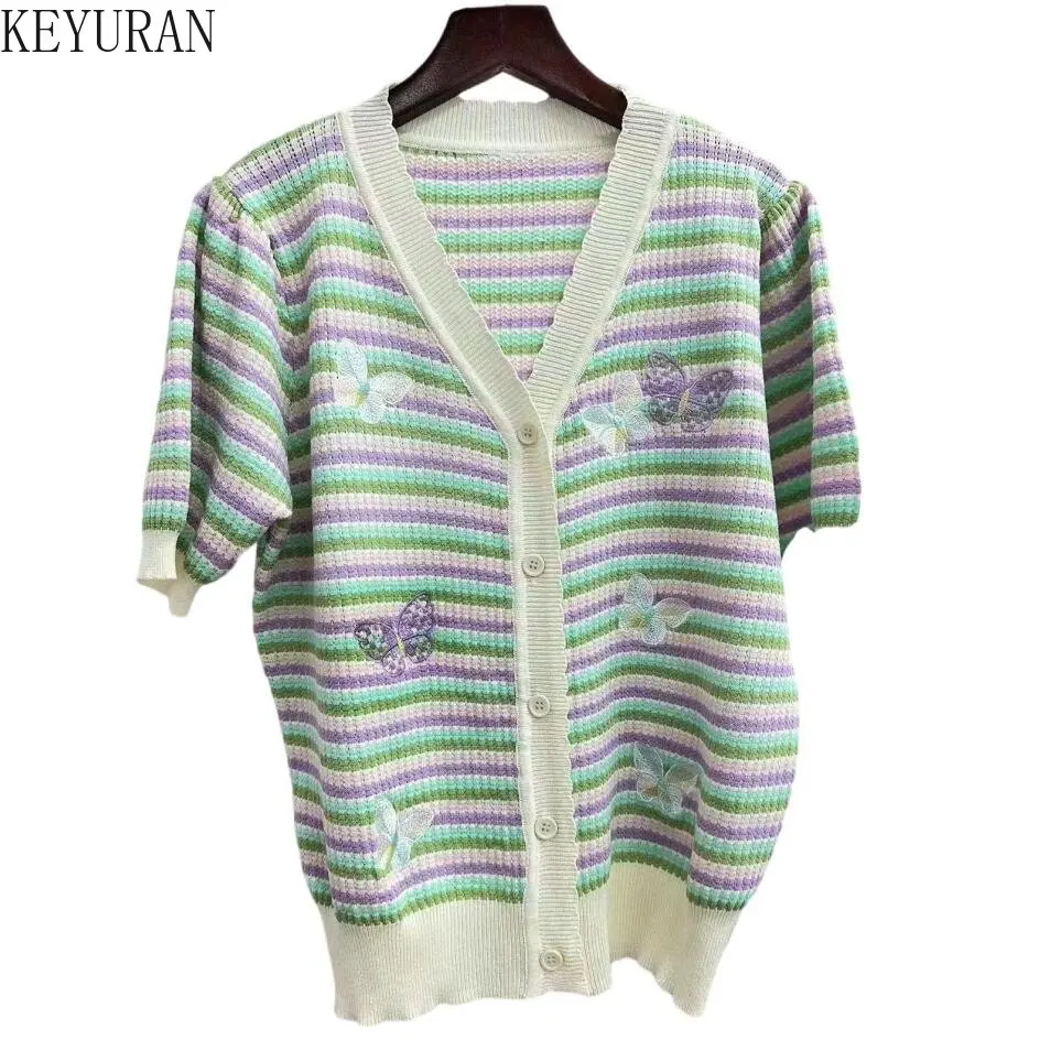 

Женский трикотажный кардиган с вышивкой бабочки, разноцветный свитер с V-образным вырезом и коротким рукавом, трикотажная одежда, джемперы, лето 2023