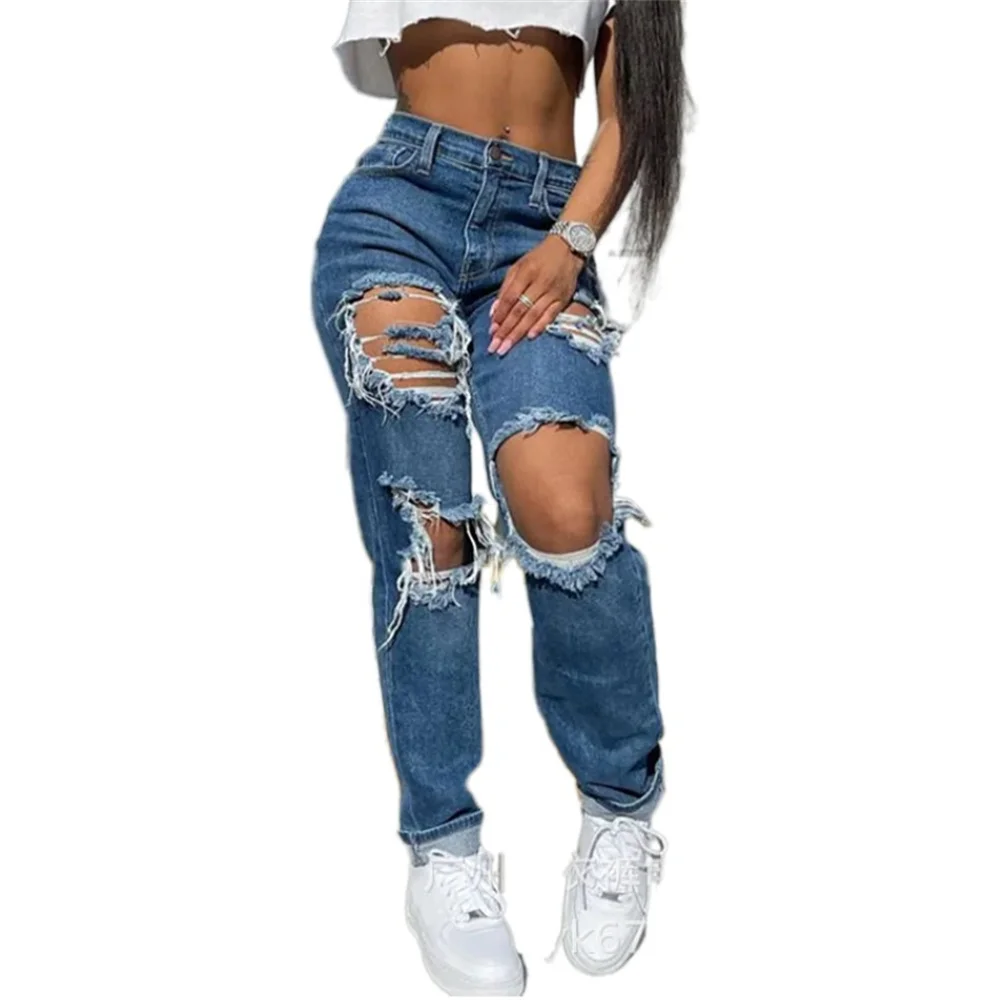 

Coated jeans for women Solid Mid Waist Pant wide leg Trousers Pants ripped Hole Women's denim S-3XL Free Shipping