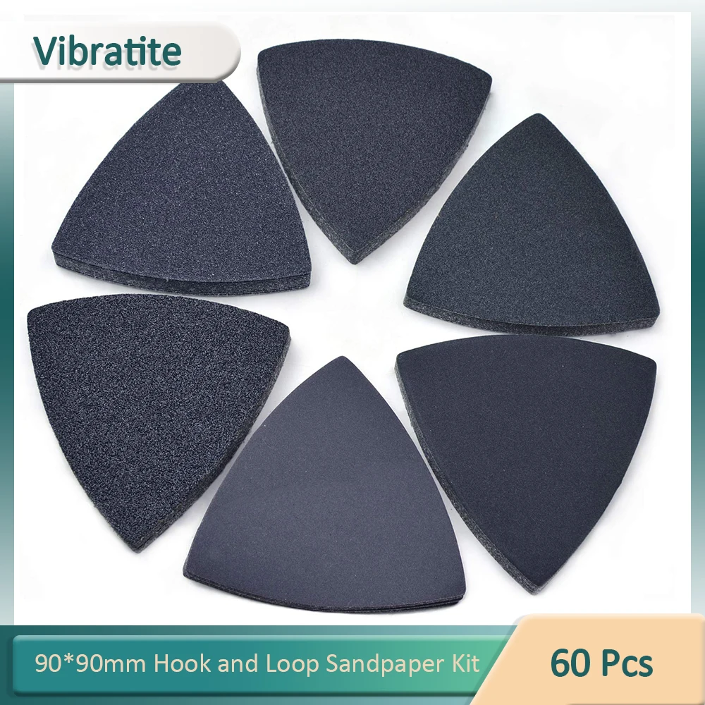 

60pcs Triangular Sanding Pads Hook & Loop Triangle Sandpaper Fit 3-1/2 Inch 90mm Oscillating Multi Tool Silicon Carbide Wet/Dry