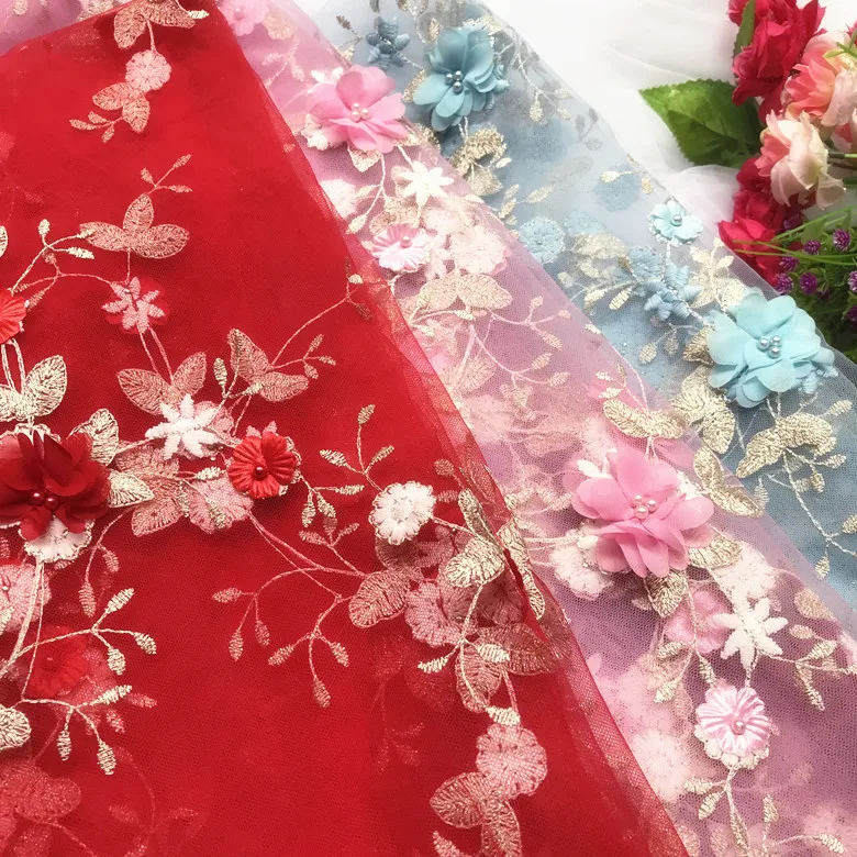 

New 3D flower lace fabric beaded mesh fabri dress haute couture dress fabric red pink light blue