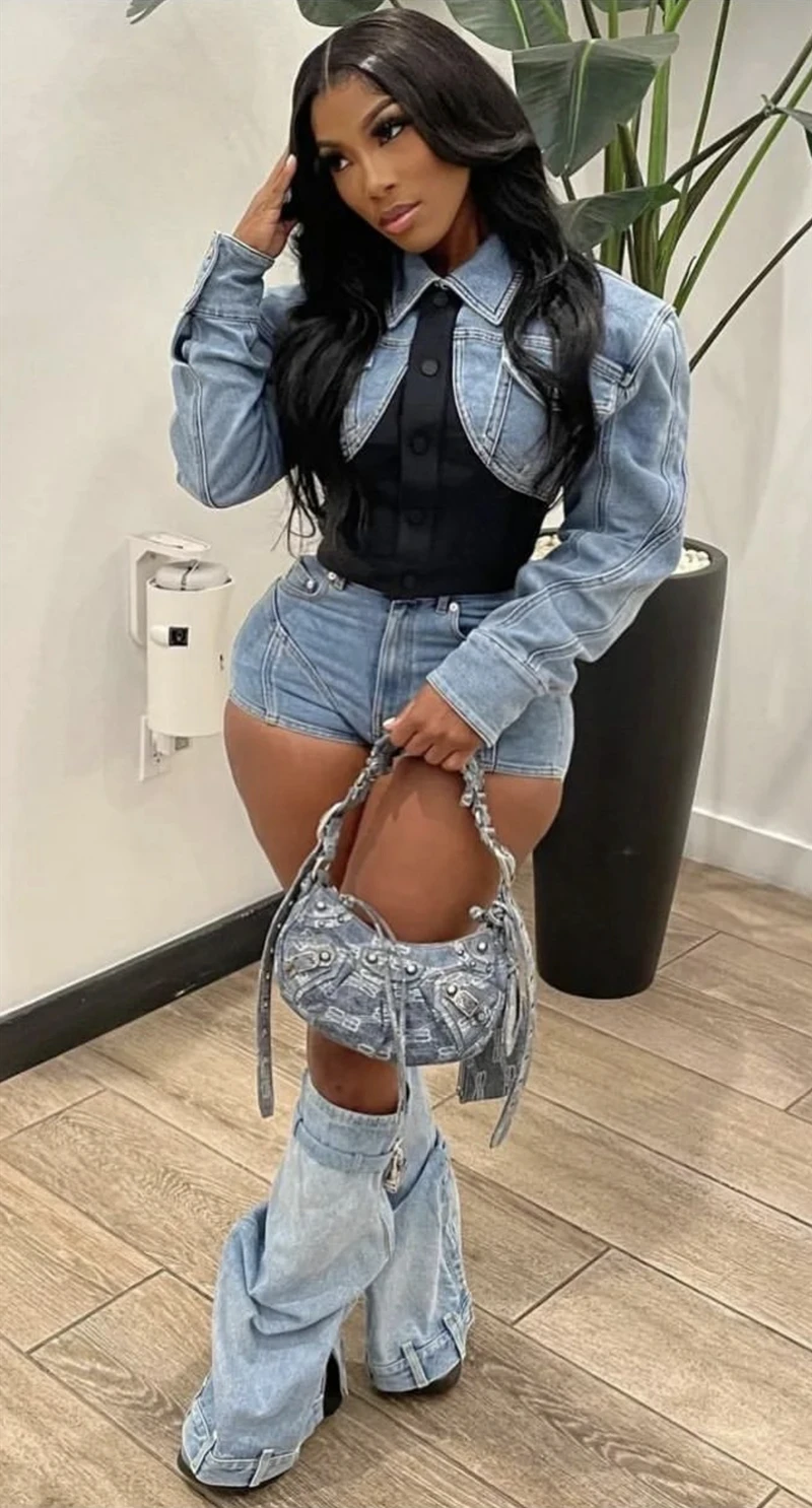 New Jean Cowgirls Lock Knee High Shark Long Boots Women Metallic Round Toe Slip-on Platform Wedges Thick Sole Party Stage Shoes