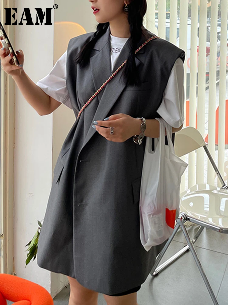 

[EAM] Women Loose Fit Gray Two Ways Wear Big Size Long Vest New Lapel Sleeveless Fashion Tide Spring Autumn 2022 1DF0191