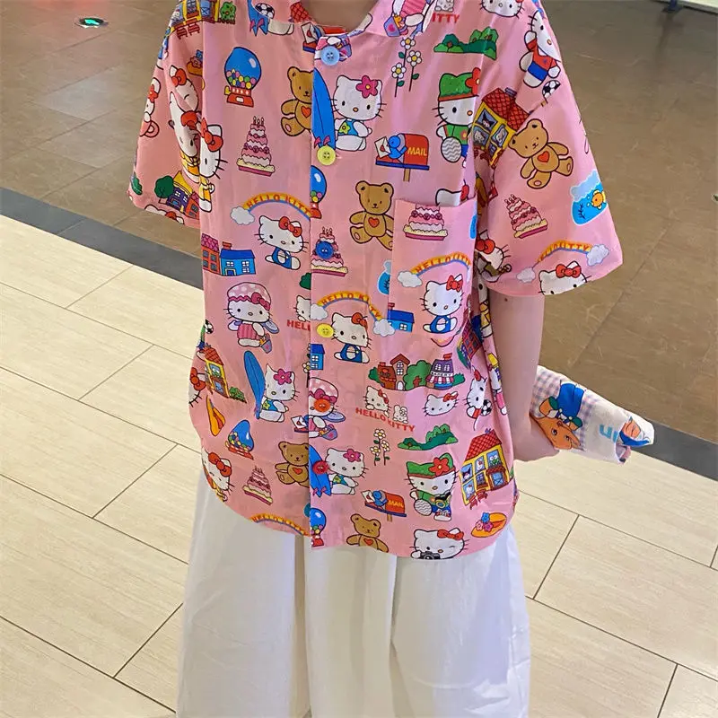 

Kawaii Sanriod Anime Surrounding Kitty Cute Full Print Short Sleeve Shirt Tide Brand Loose Lazy Casual Shirt Gift for Girlfriend