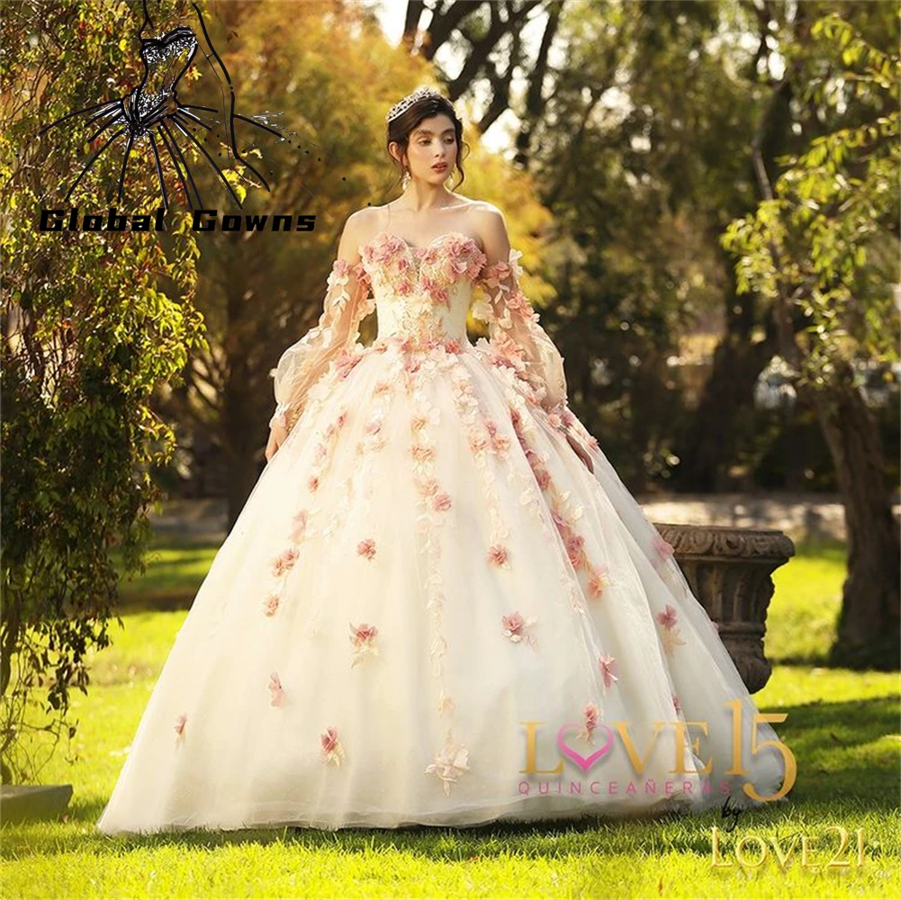 

Princess Corset Quinceanera Dress 3D Flowers Ball Gown Off The Shoulder Sweet 16 Birthday Gowns For Girl Vestido De 15 Años 2022