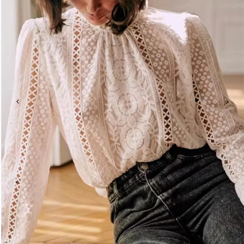 

Women Blouse Hollow Out Embroidered Stitching Long Sleeve Casual Shirt