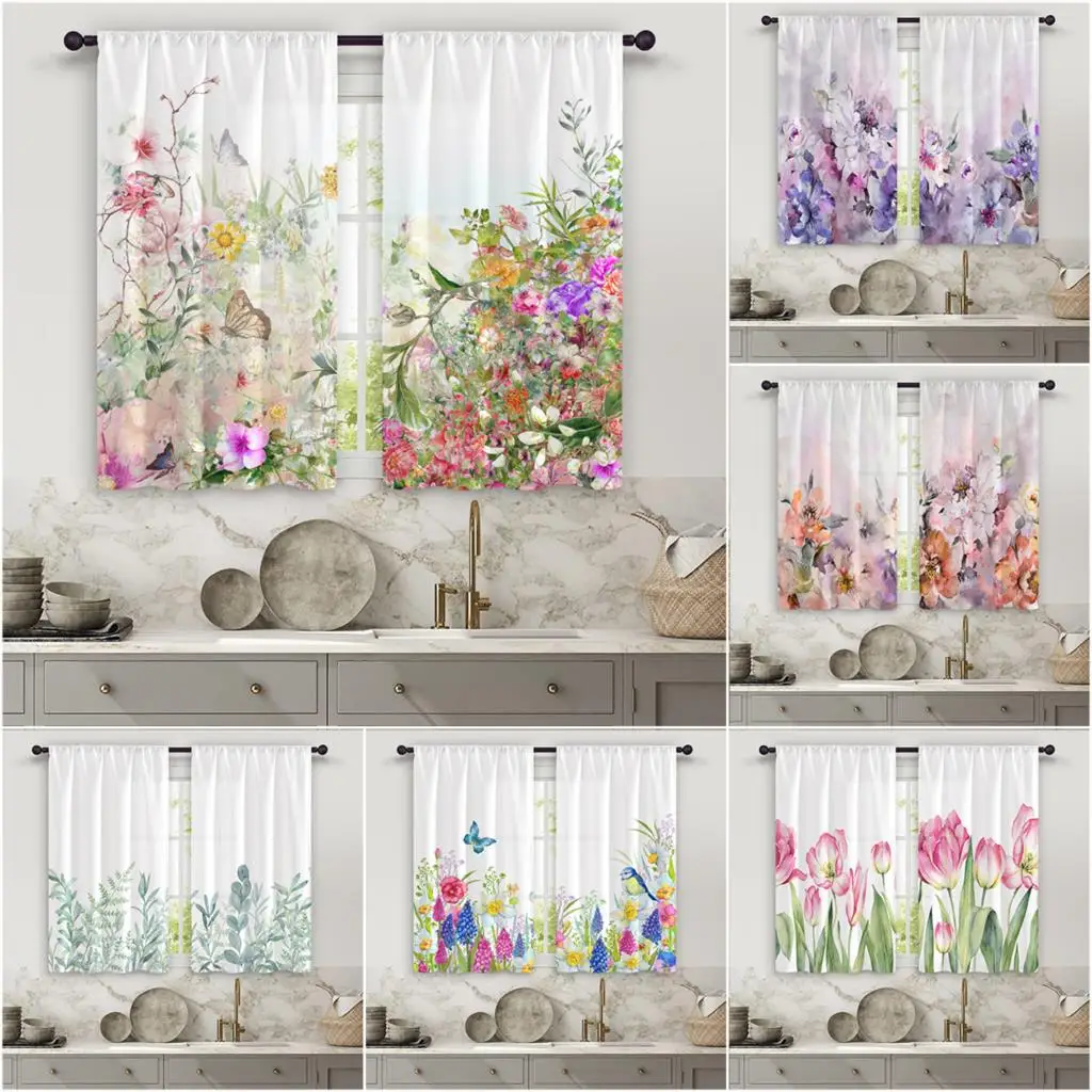 

Cortinas de cocina con impresión Digital 3D, acuarelas, flores, 2 paneles