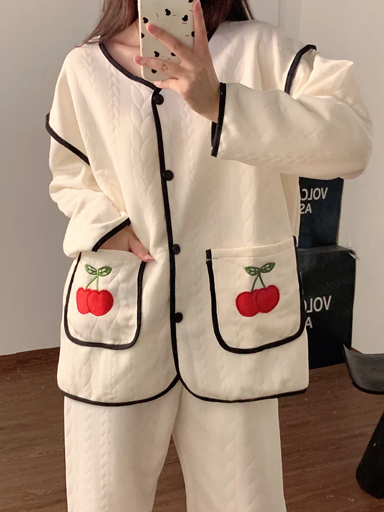 Air Cotton Sandwich Pajamas Women Autumn and Winter Casual High Sense Long sleeve Thickened 2024 New Set Homewear