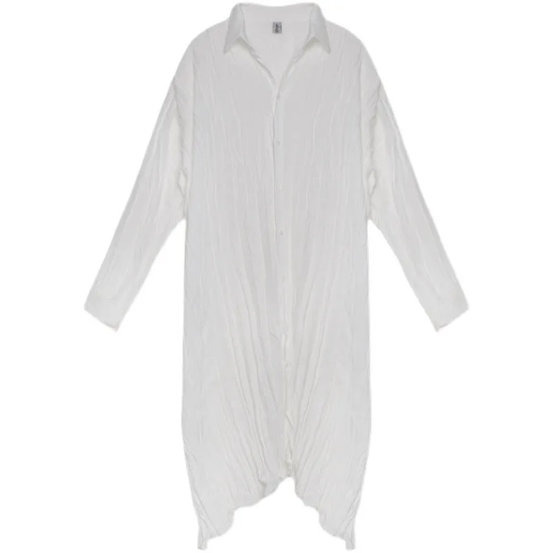 Men's Retro Harajuku Long Sleeve Lapel Robe Button Pajamas Loose Pleated Oversized Casual Homewear Solid Color Long Shirt