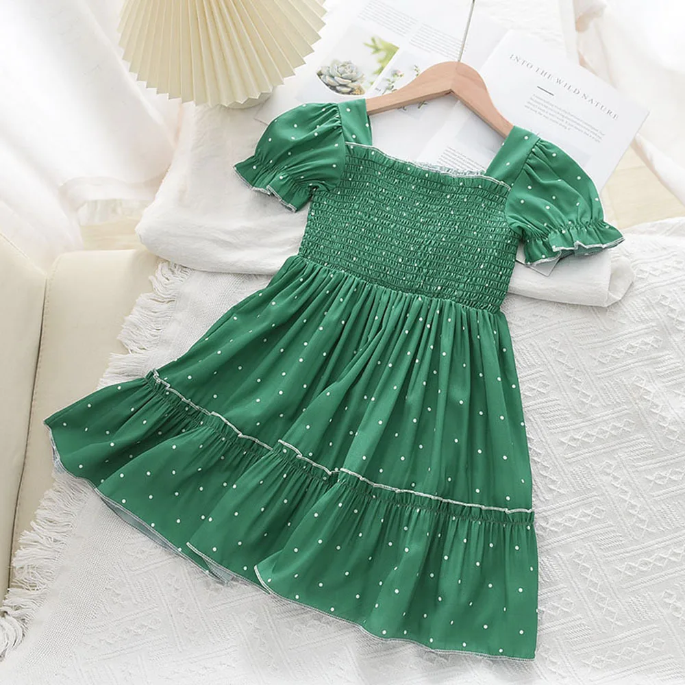 

2022 New Clothes Girls Summer Bubble sleeve Polka Dot 3-7old Chiffon green dress princess 90-130 children kids clothing