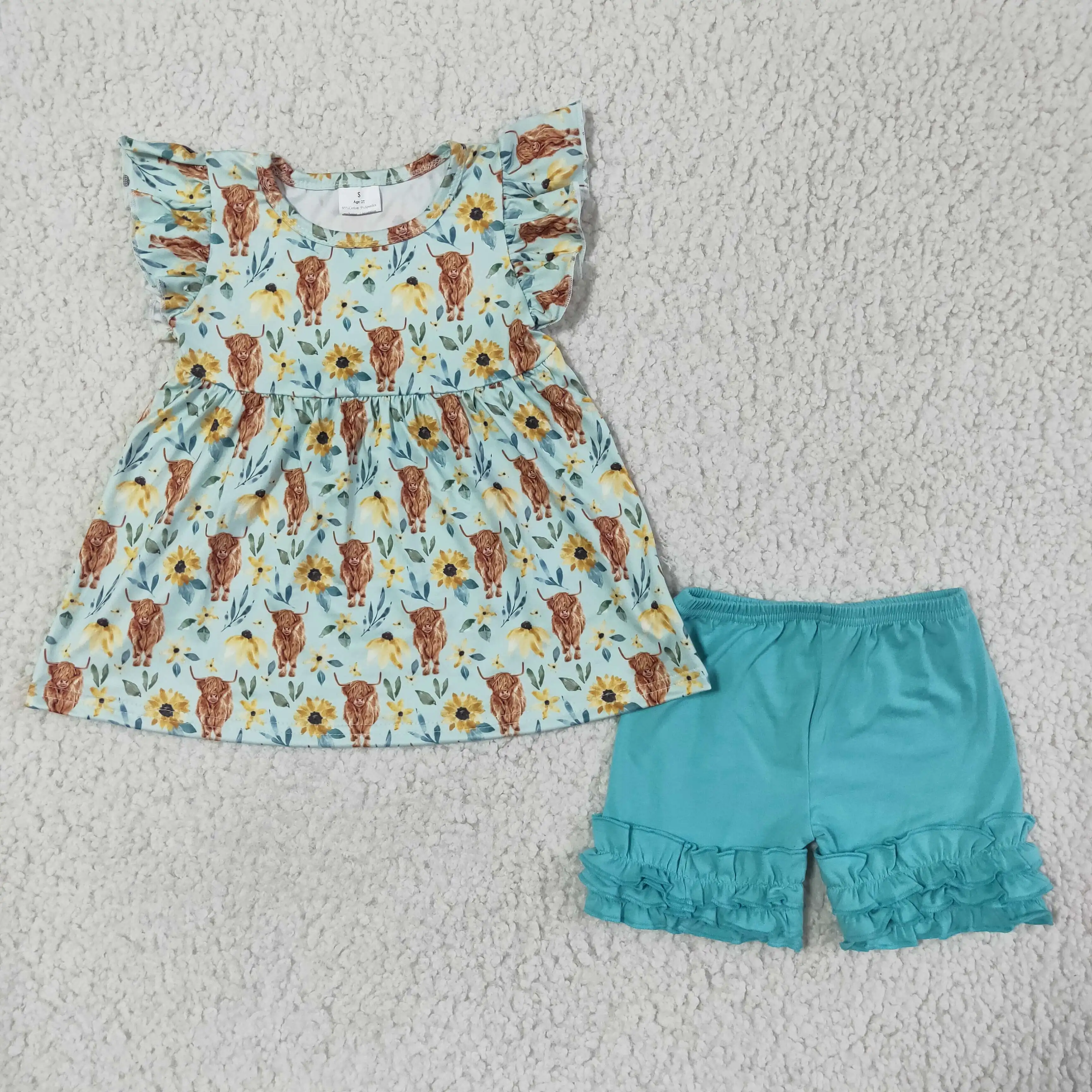 

summer baby cotton outfit set 100% cotton flutter sleeve t shirt and blue shorts toddler baby girl outfit baby girl clothing set