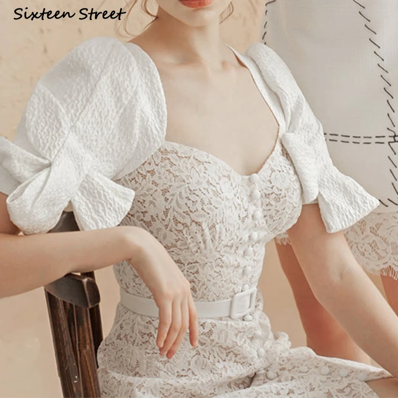 

White Vintage Lace Dress Ladies 2022 Summer Square Collar Puff Sleeve Hook Flower Hollow Clothes Female Line Split Dress Vestido