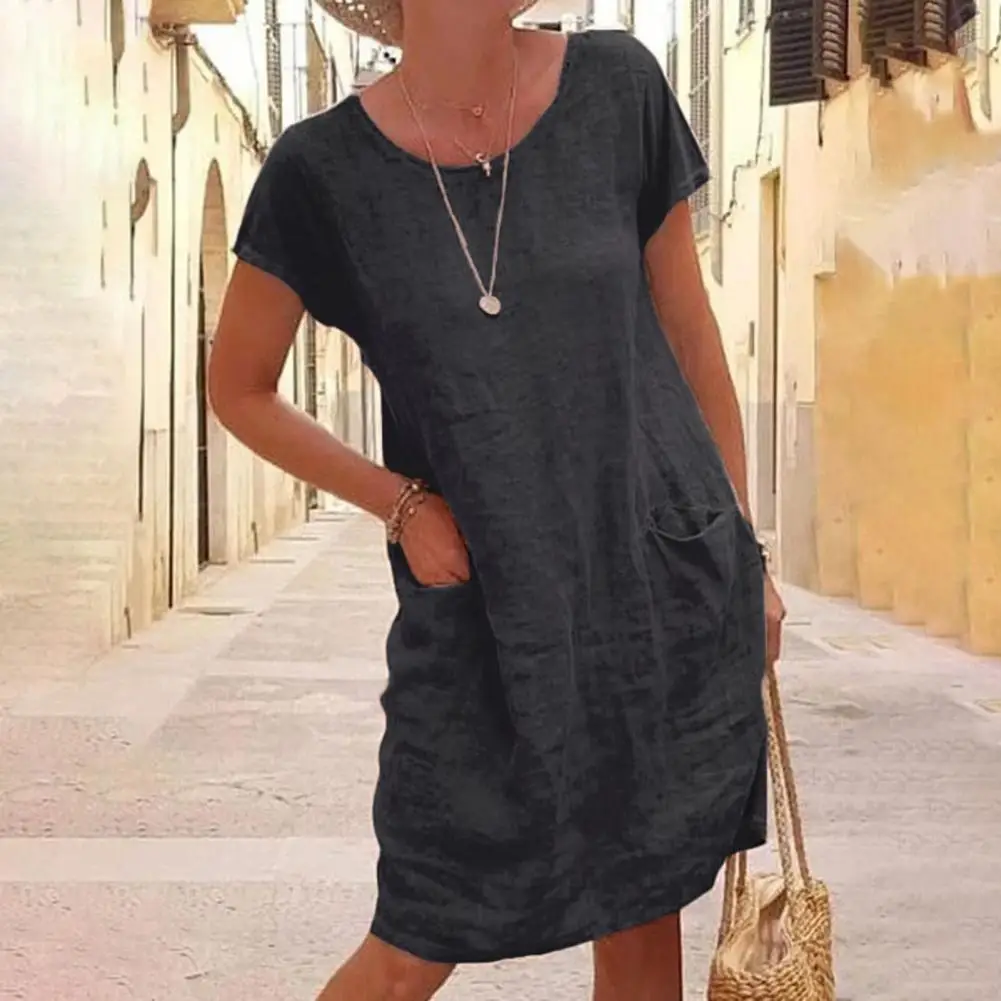 Women Dress Solid Color Loose Summer Short Sleeve Round Neck Dress for Daily Wear