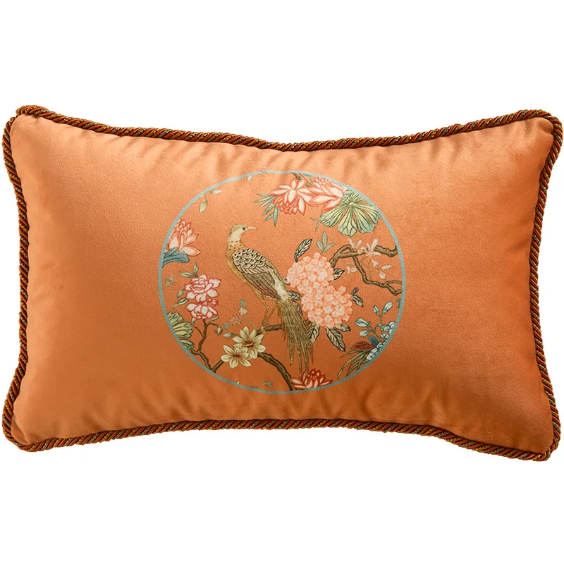 

Home Oriental Art Cushion Cover Hydrangea Flower And Bird Print Accent Orange Velvet Luxury Lumbar Pillowcase 30x50cm
