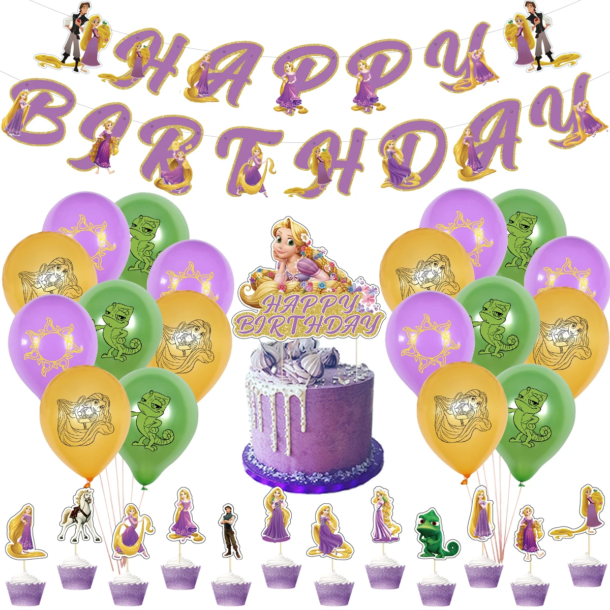 

Tangled Rapunzel Princess Theme Decorate Set Latex Balloons Happy Birthday Party Banner Cake Flags Cupcake Card Toppers 1set