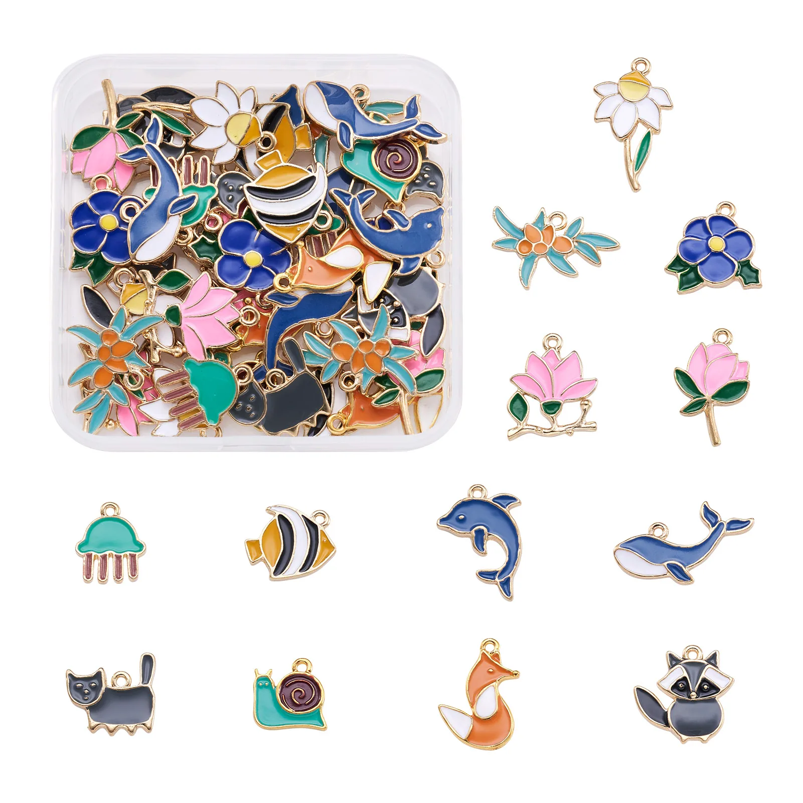 

Animal Plants Style Alloy Enamel Pendant 52Pcs Mixed Color Rack Plating Charms Cute Earrings Bracelets DIY Jewelry Craft Making