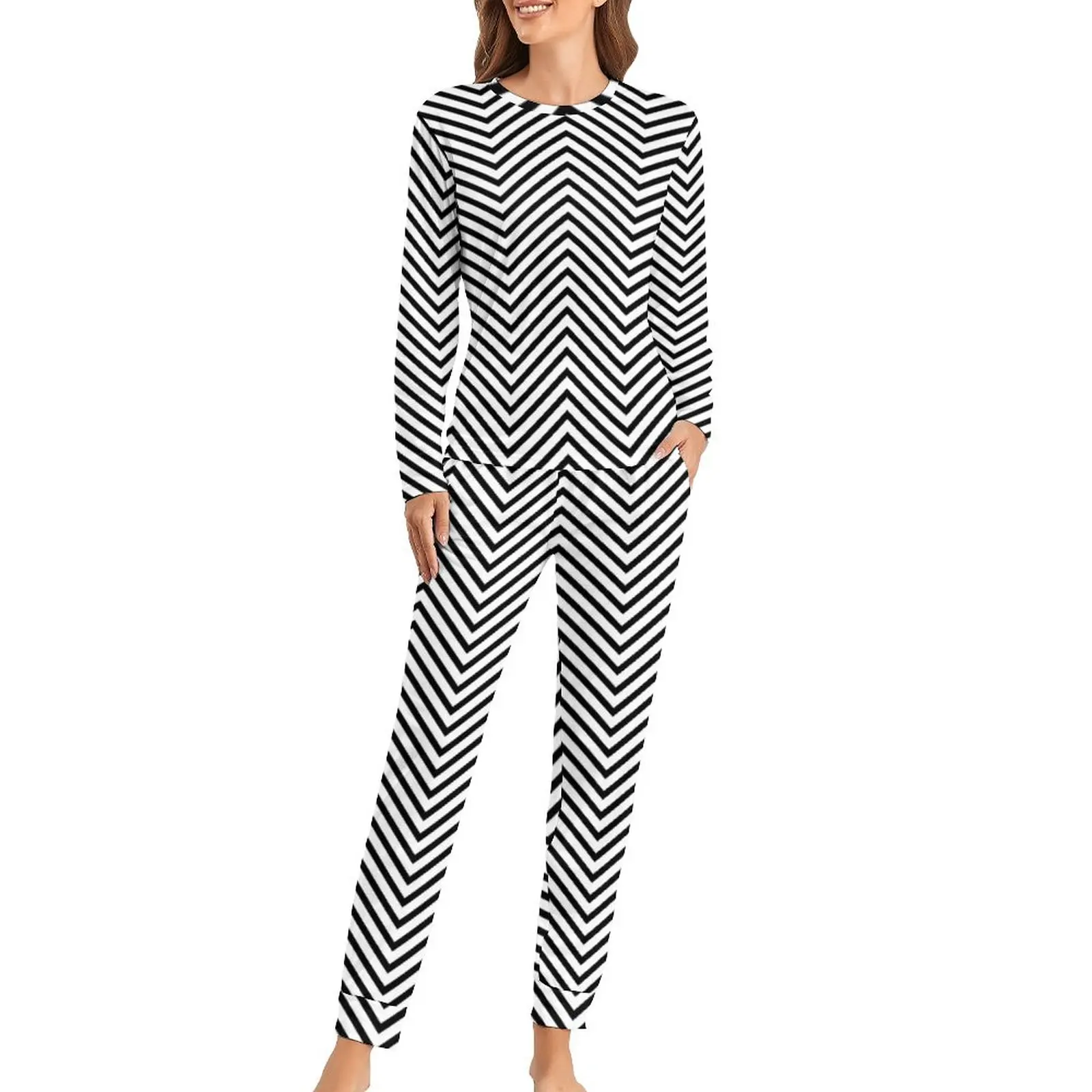 

Black Nordic Lines Pajamas Long-Sleeve Minimal Zig Zag 2 Piece Leisure Pajama Sets Cute Sleepwear Oversized Pattern Home Suit