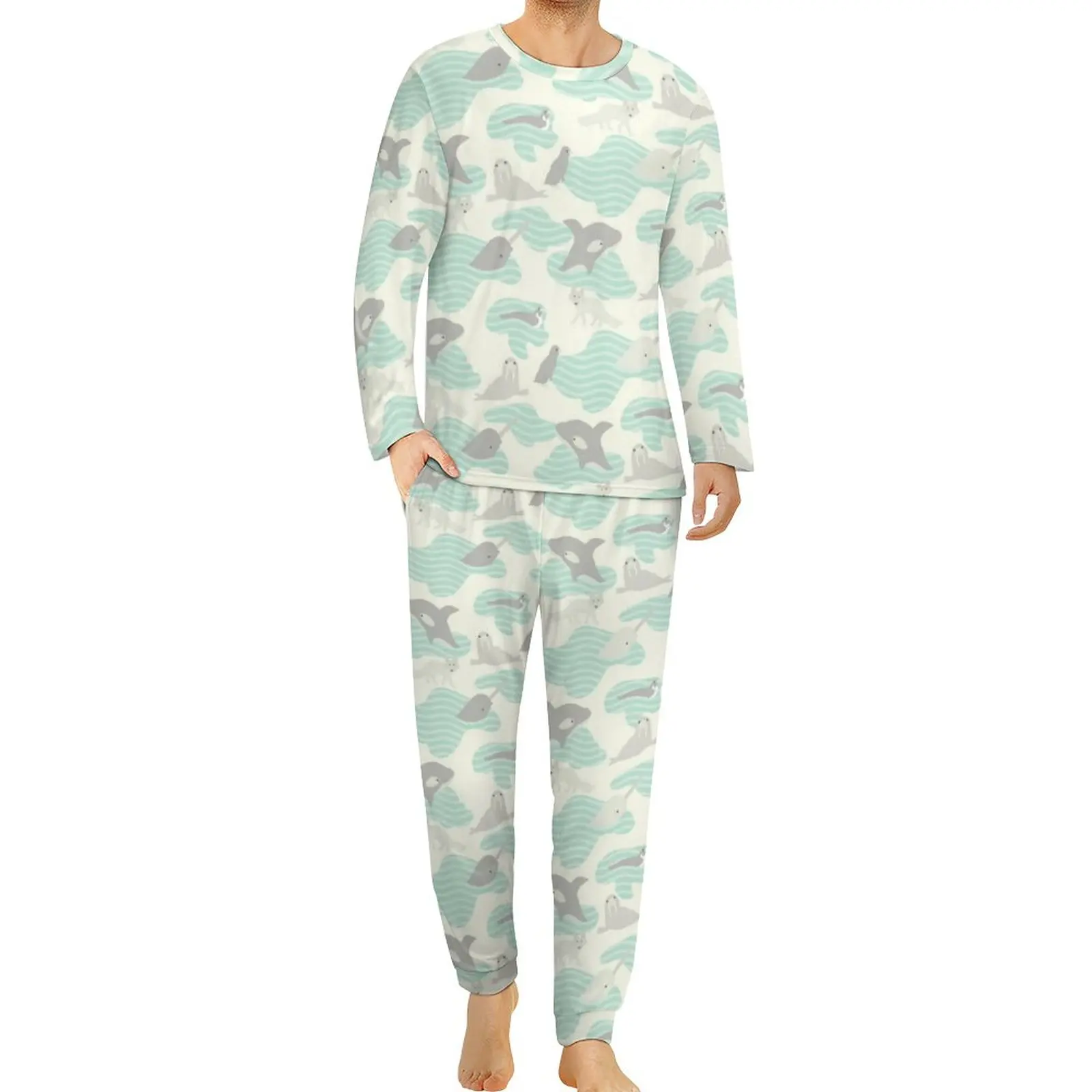 

Arctic Animal Friends Pajamas Long Sleeves Penguin Whale 2 Piece Room Pajama Sets Spring Men Design Cute Big Size Sleepwear