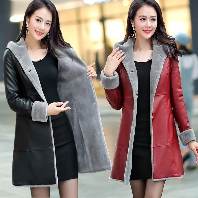 Boutique Women Winter Leather Jacket Fur Together Coats 2022 New Hooded Plus Size ParkaThicker Leather Jackets Outerwear Female enlarge