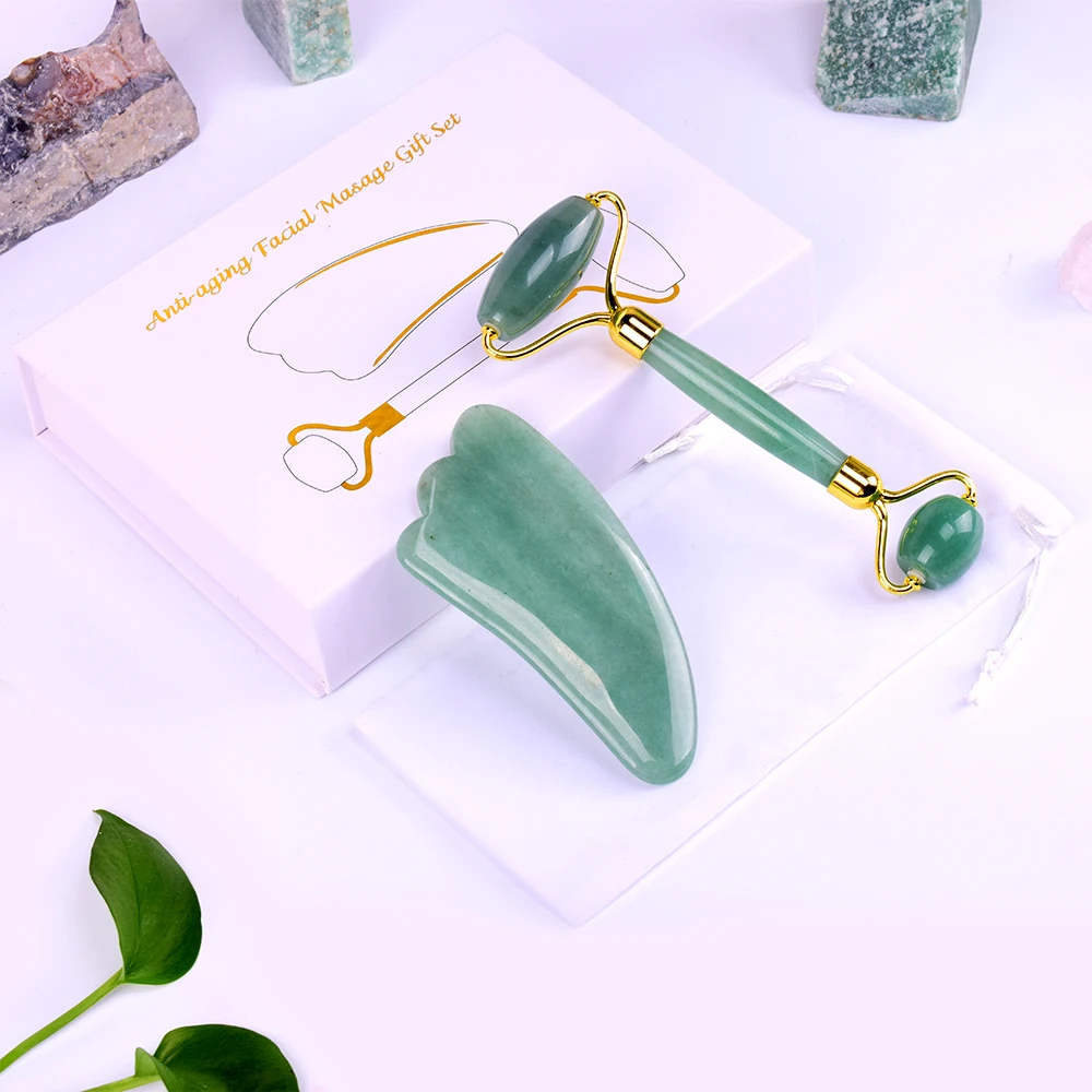 Green Jade Roller Massager Gouache Scraper Set Natural Crystal Stone Gua Sha Board Skin Care Beauty Tool images - 6