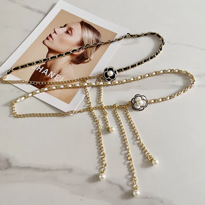 Fashion Thin Belt Waist Chain Camellia Pearls Buckle Waist Strap Female with Skirt Trousers Suit Summer Decorative Waistband