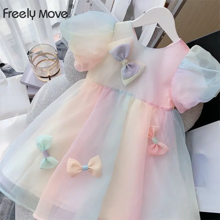 

Freely Move Girls Princess Dress New Korean Clothing 2022 Summer New Children'S Rainbow Dress Bowknot Puff Sleeves Mesh Dress