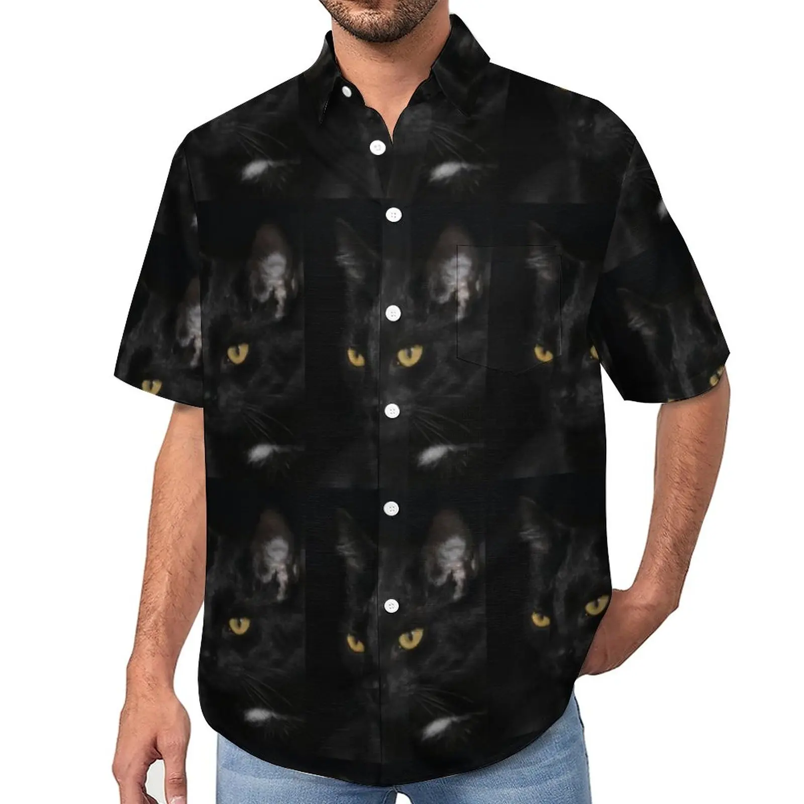 

Забавная рубашка для Хэллоуина для отпуска, летние повседневные рубашки с черными кошачьими глазами, мужские винтажные блузки, дизайнерская одежда с коротким рукавом, большой размер