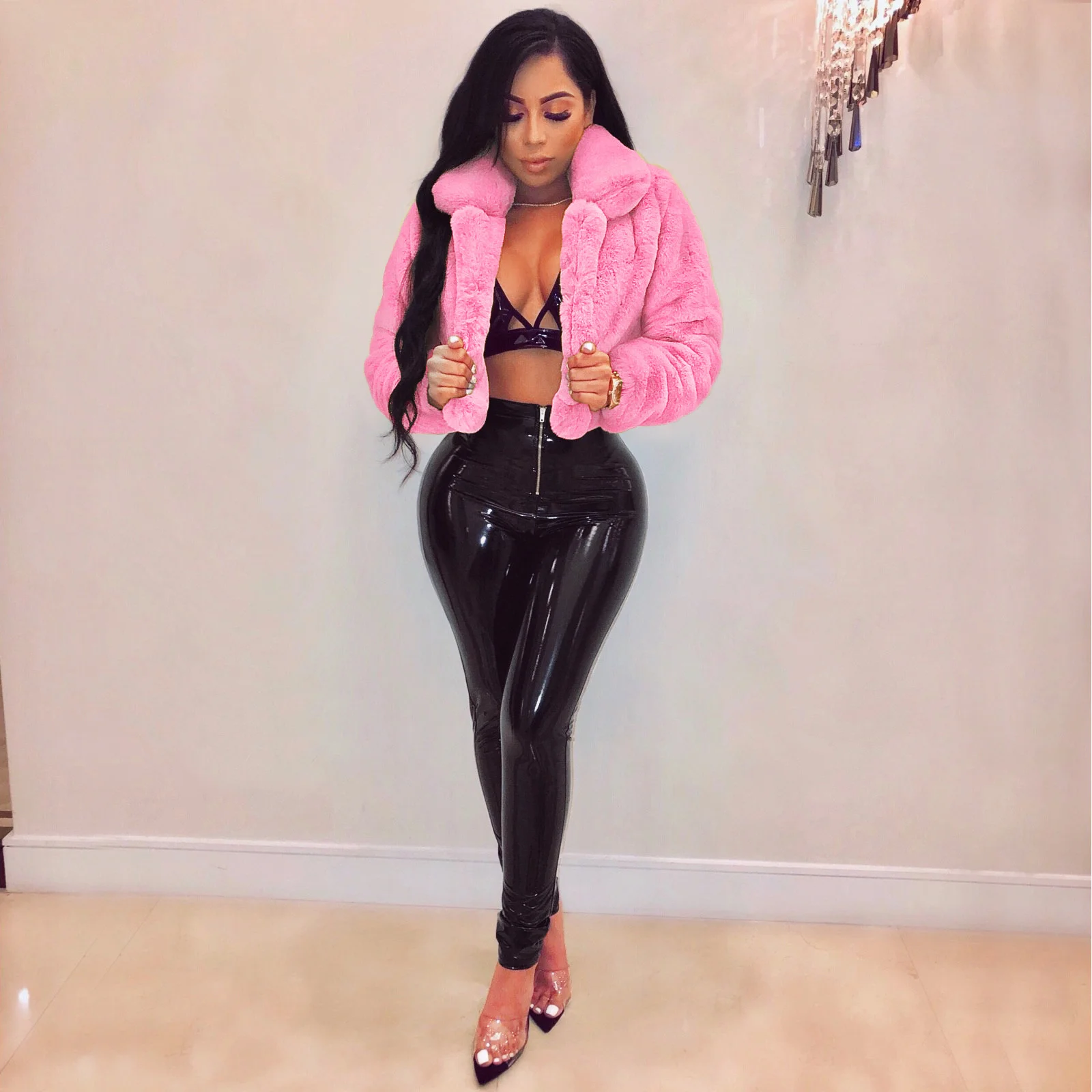 Women's autumn and winter artificial fur fashion cardigan short jacket Plush coat