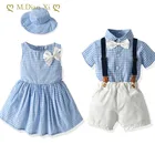 Летнее платье Brother and Sister, новинка 2022, модная клетчатая рубашка с коротким рукавом для мальчиков + шорты-комбинезон, платье в клетку для девочек + бесплатная шляпа от солнца